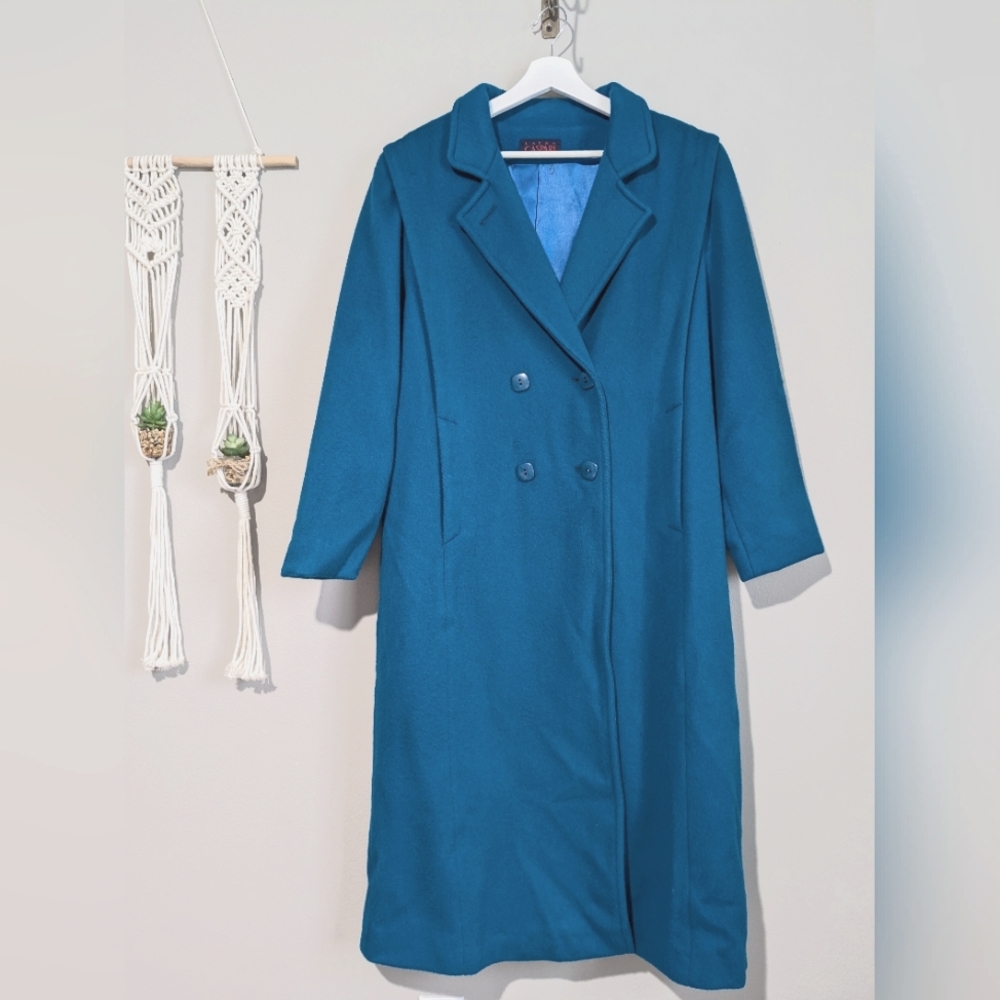 Vintage Laura Caspari Boiled Wool Peacock Blue Long Double Breasted Peacoat 10